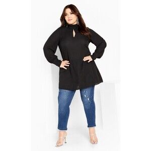 CITY CHIC Neck Tie Tunic Keyhole Puff Long Sleeve Pockets Black Women Plus 14